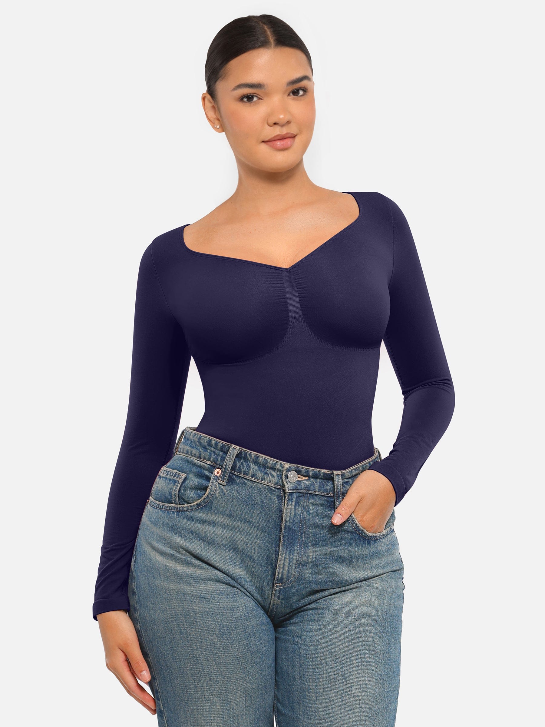 Seamless Long Sleeve Chest Support Thong Bodysuit