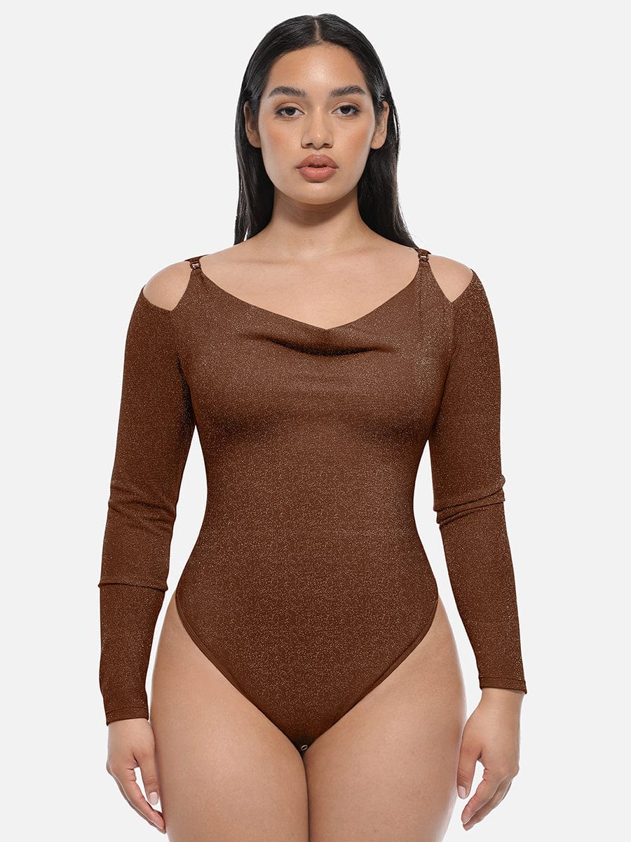 Shiny Draped Neck Shapewear Bodysuit