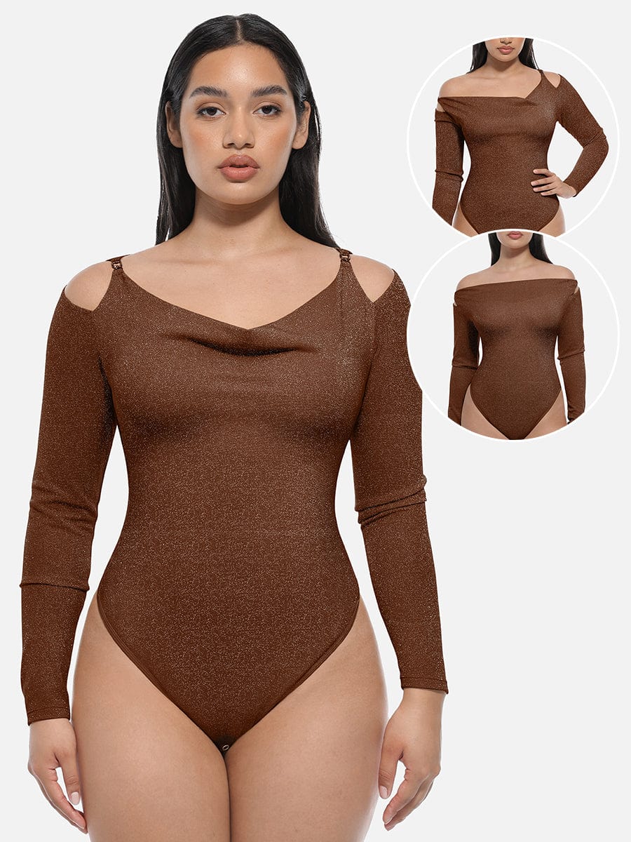 Shiny Draped Neck Shapewear Bodysuit